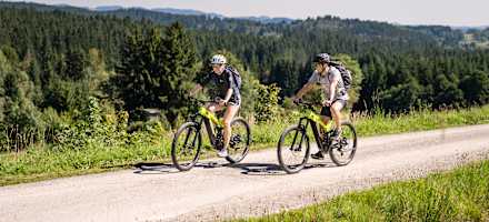 Eine Frau und ein Mann fahren im Mühlviertel auf zwei Mountainbikes eine Straße entlang.