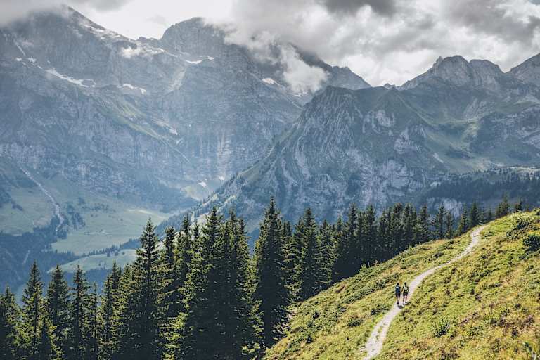 Wanderer mit Rucksäcken auf Alpenüberquerung