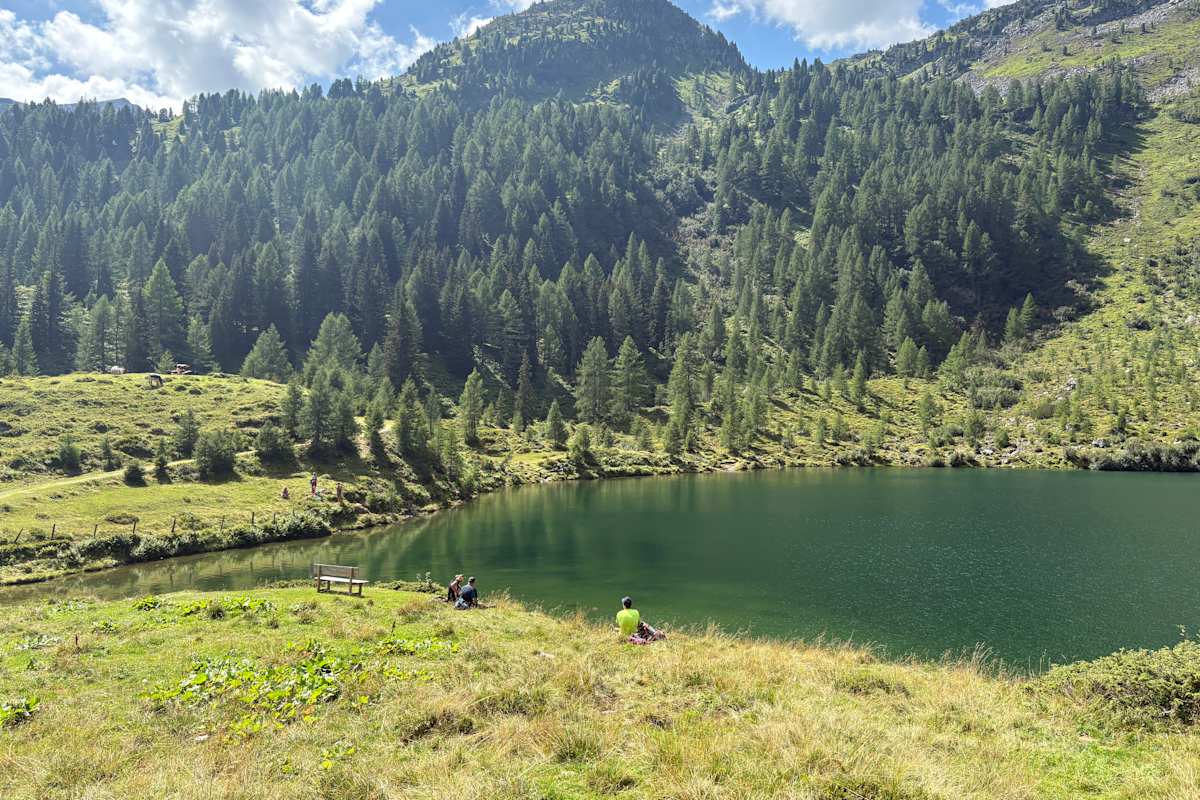 Nach dem Wald öffnet sich die Landschaft – kurz darauf liegt der grün schimmernde Wirpitschsee vor uns.