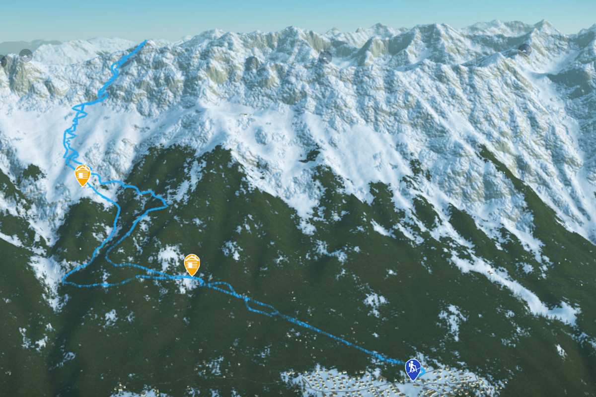 3D-Kartenausschnitt der Skitour auf den Kemacher im Tiroler Karwendel