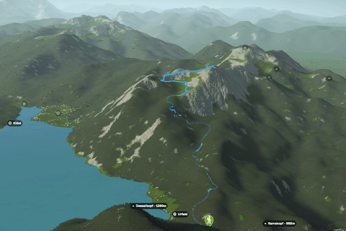 3D-Kartenausschnitt der Wanderung auf den Herzogstand am Walchensee in Bayern