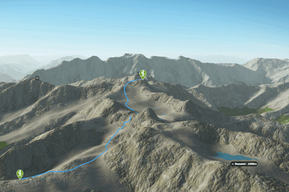 3D-Kartenausschnitt der alpinen Wanderung auf den Pizol im Sarganserland im Kanton St. Gallen