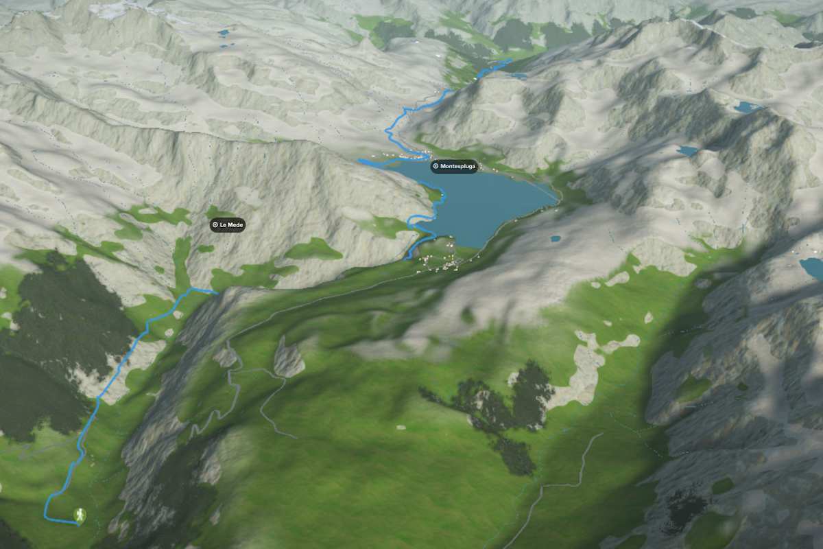 3D-Kartenausschnitt der Wanderung über den Splügenpass an der Grenze von Italien und der Schweiz