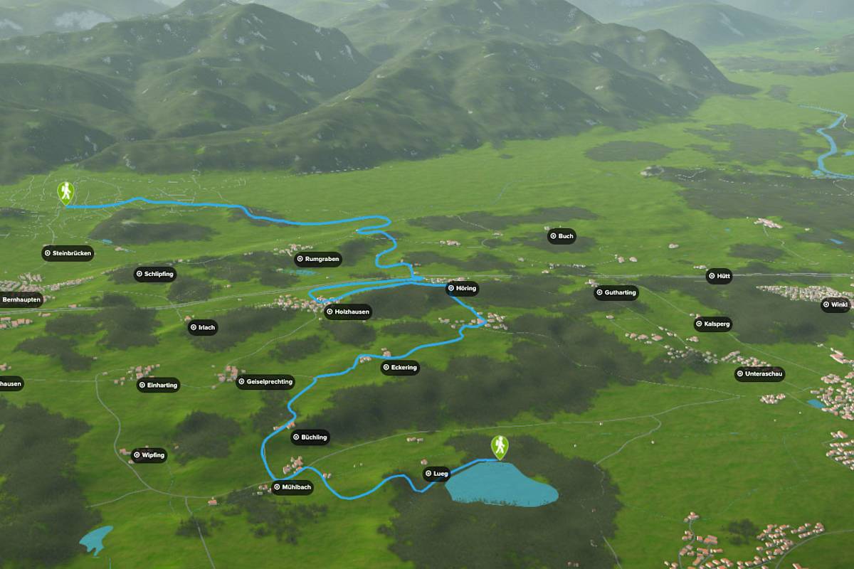 3D-Kartenausschnitt der Wanderung durch das Bergener Moos im bayerischen Chiemgau