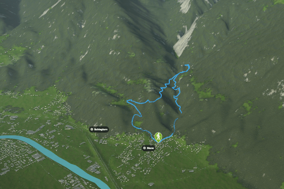 3D-Kartenausschnitt der Wanderung durch die Wolfsklamm bei Stans in Tirol