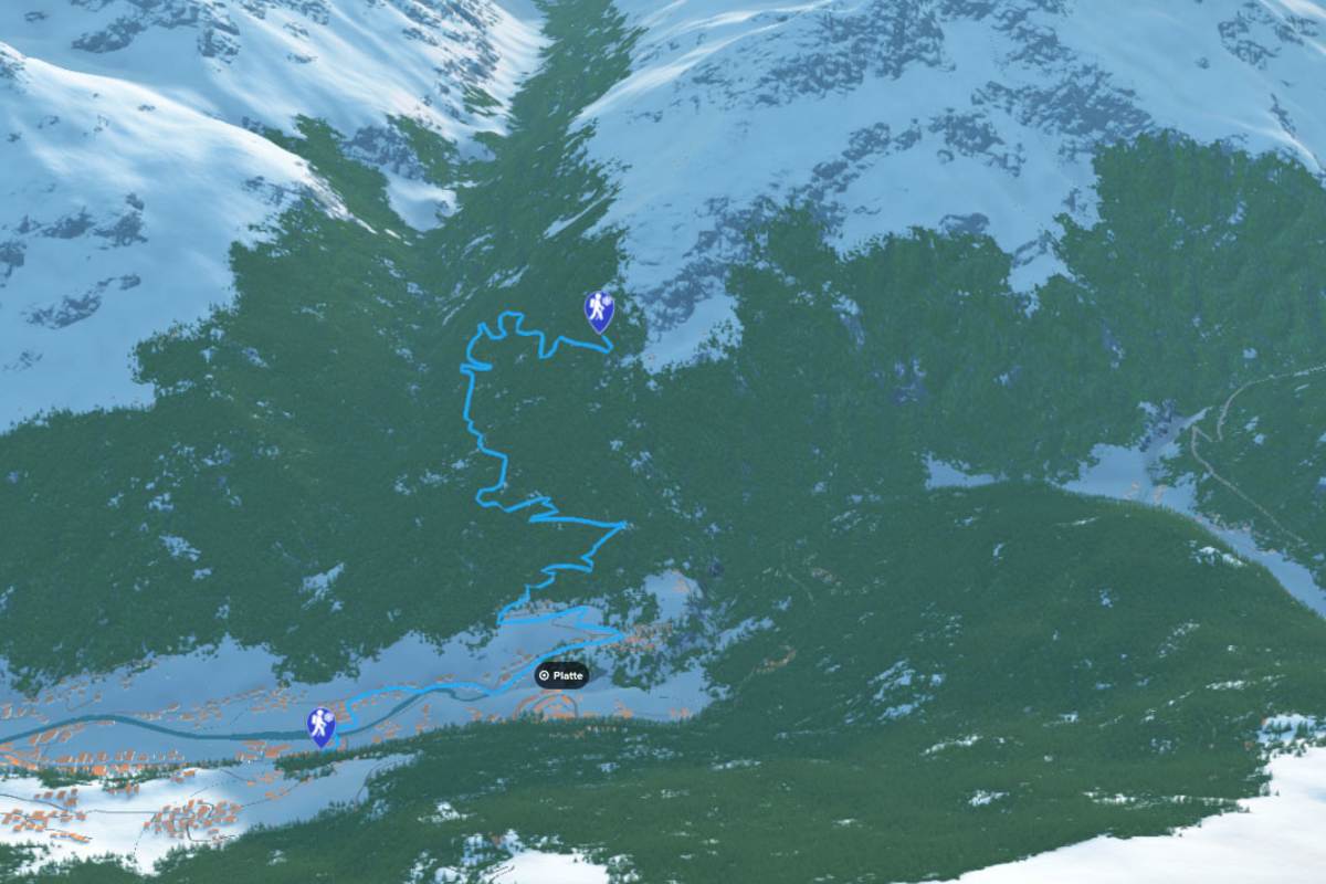 3D-Kartenausschnitt der Winterwanderung zur Brunnenbergalm bei Sölden in Tirol