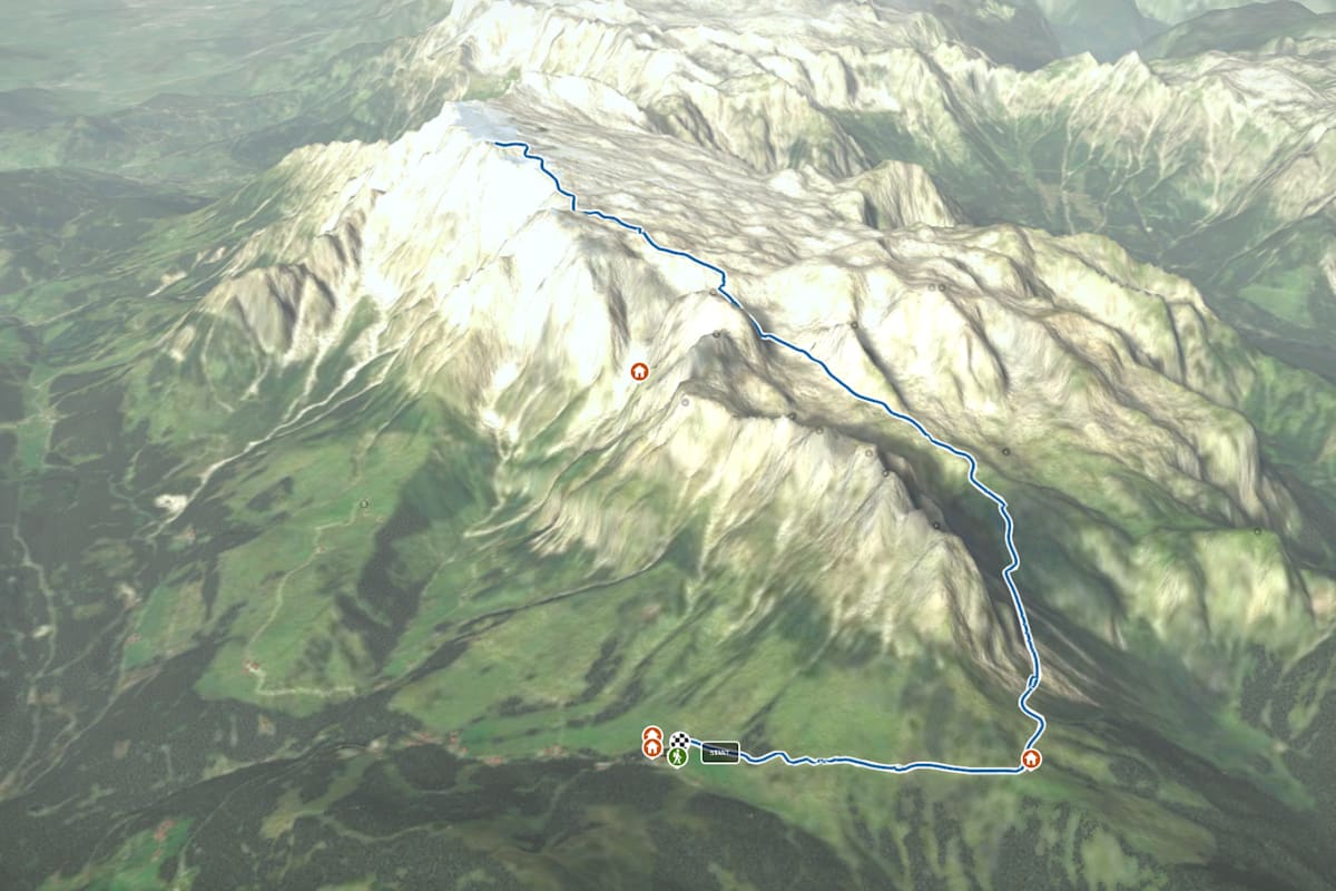 3D-Kartenausschnitt der Wanderung auf den Gipfel des Hochkönig