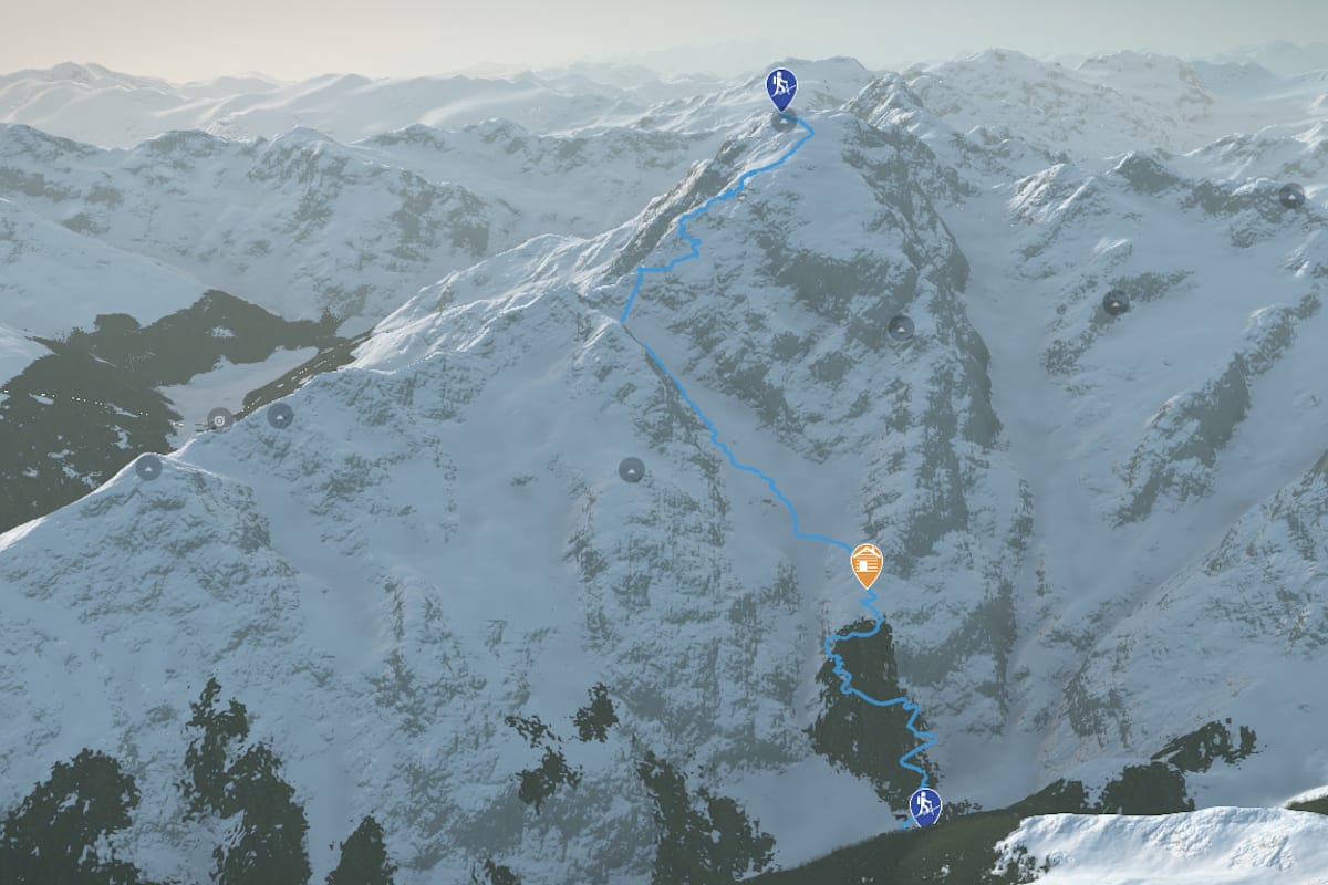 3D-Kartenausschnitt der Skitour auf den Ortler über die Berglhütte
