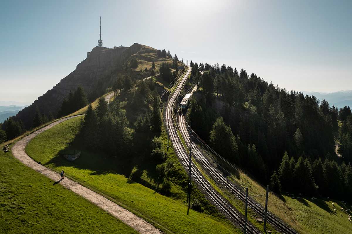 Zu sehen ist die grün bewachsene Rigi und die Bergbahn, die auf die Spitze des Berges führt.
