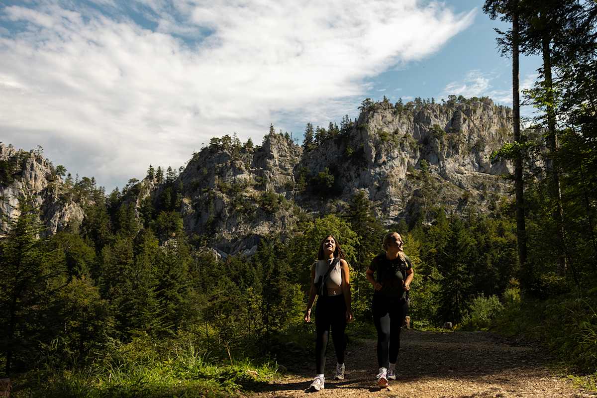 Zwei Frauen wandern auf einem Waldweg. Im Hintergrund erkennt man einen steilen Felsgrat.