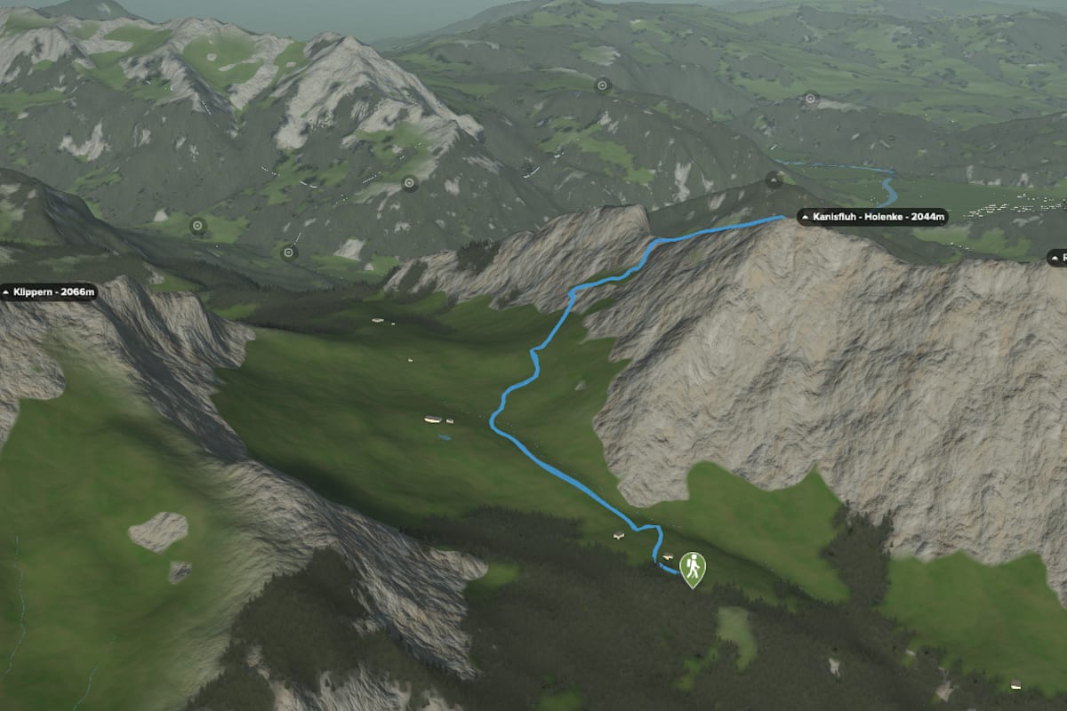 3D-Kartenausschnitt der Sonnenaufgangstour auf die Kanisfluh im Bregenzerwald
