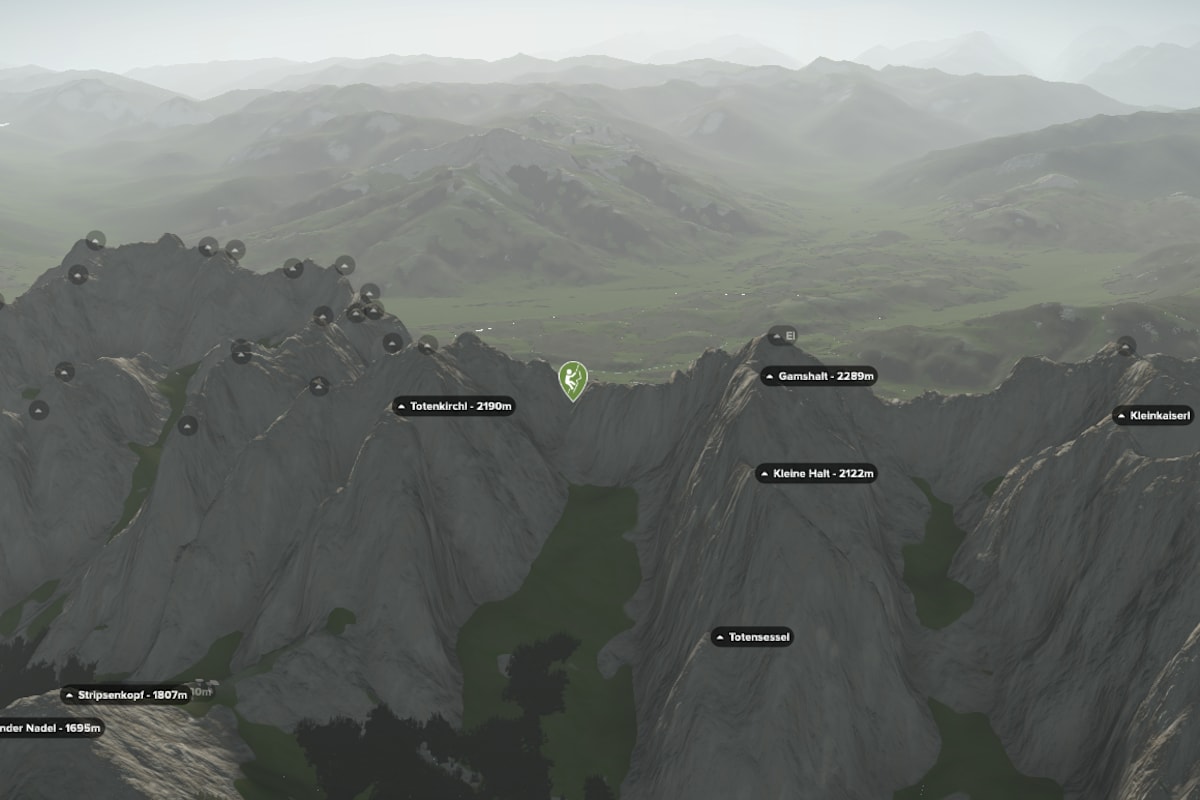 3D-Kartenausschnitt der Klettertour Kopftörlgrat im Wilden Kaiser
