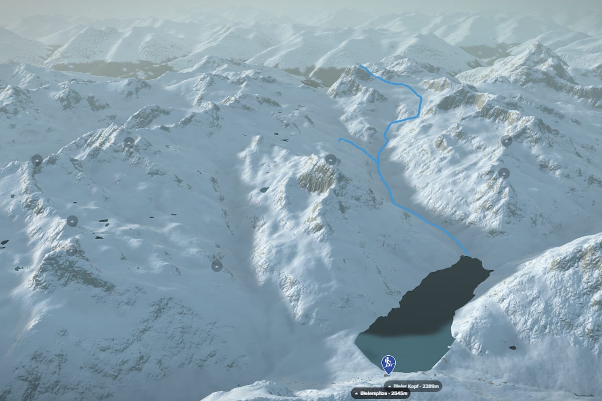 3D-Kartenausschnitt der Skihochtour auf den Piz Buin