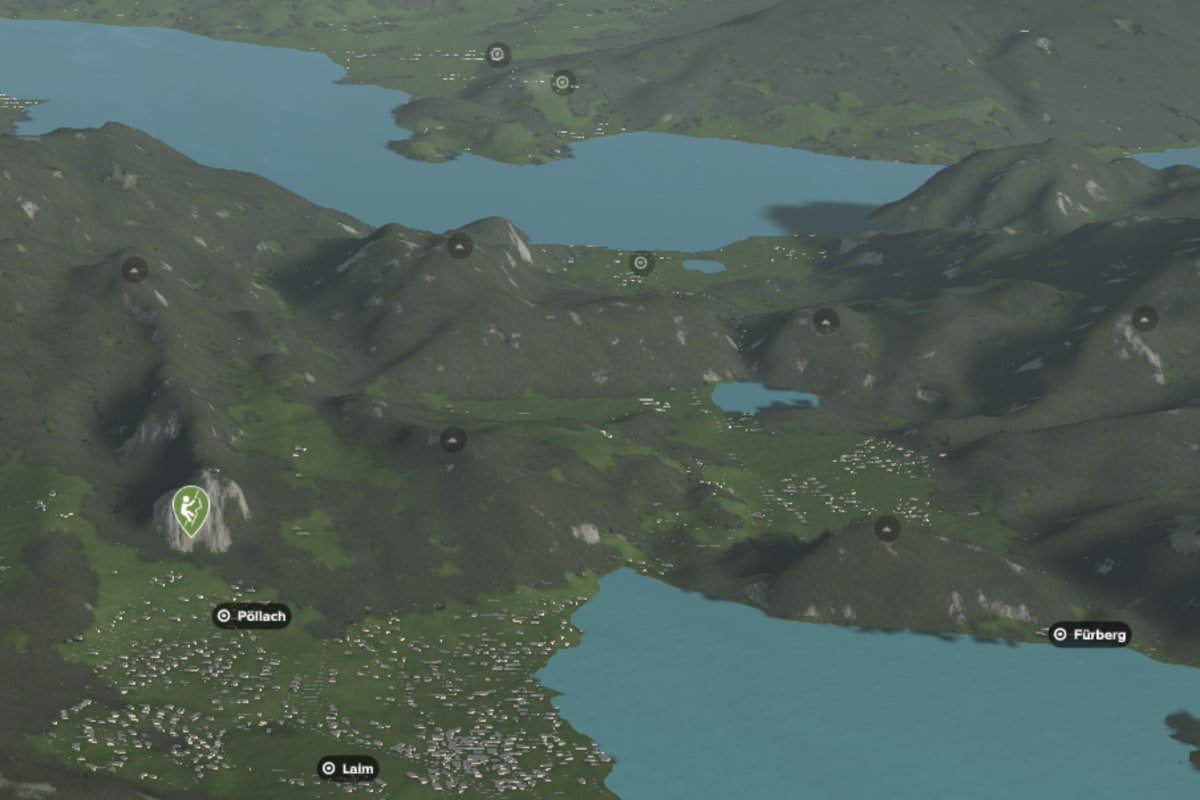 3D-Kartenausschnitt des Klettergartens Plombergstein