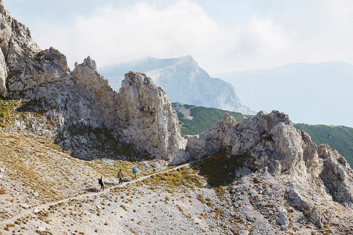 Drei Wanderer wandern auf einem felsigem Pfad am Raxplateau unterhalb des Predigtstuhls