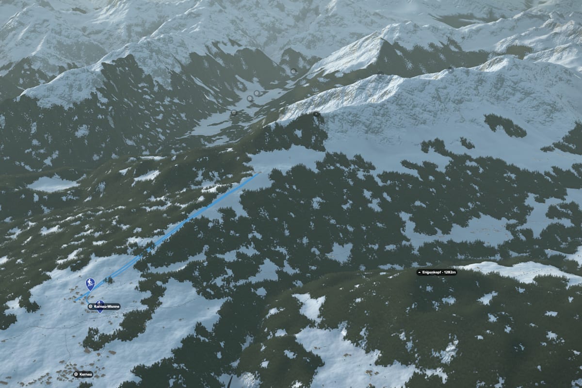 3D-Kartenausschnitt der stadtnahen Skitour auf das Söllereck bei Oberstdorf