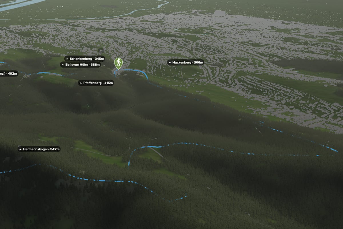 3D-Kartenausschnitt der stadtnahen Wanderung auf den Hermannskogel bei Wien
