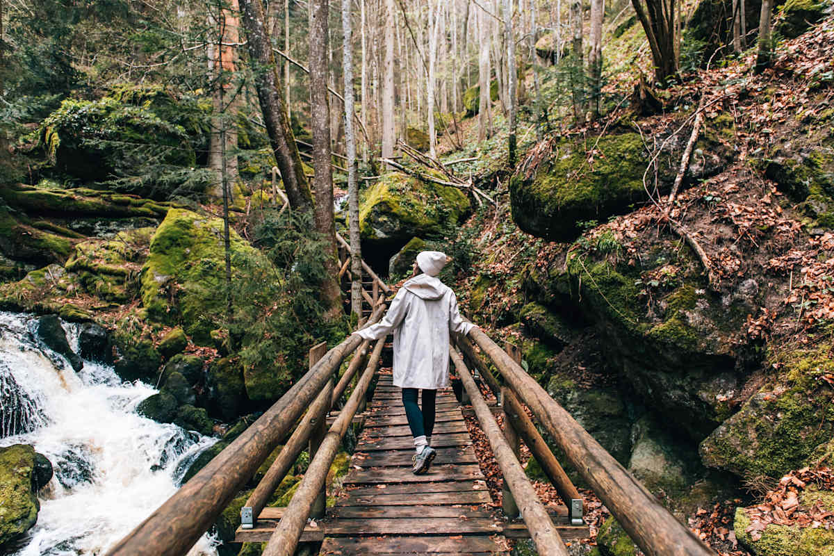 Eine Dame läuft auf einer Holzbrücke entlang und bewundert dabei die einmalige Idylle der Ysperklamm.
