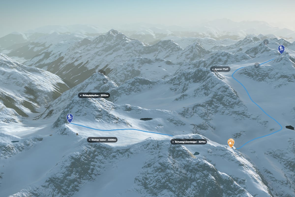 3D-Kartenausschnitt der Skihochtour auf das Zuckerhütl