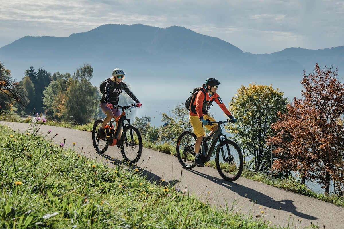 Zwei Radfahrer genießen die Aussicht auf einem Höhenweg. Die Bäume leuchten in Herbstfarben.