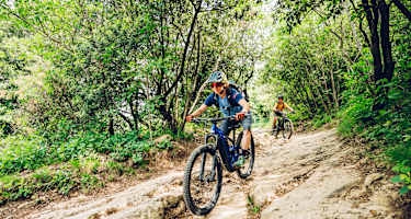 Frau fährt auf einem Mountainbike bergab