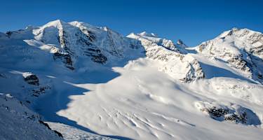 Persgletscher mit Piz Palue, Bellavistagruppe und Piz Bernina mit Biancograt (v. l. n. r.).