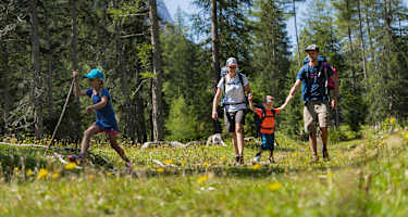 Familienwanderung im Gaistal: Familie läuft auf Wiese durch den Wald