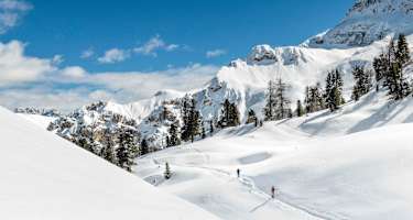 Mit Schneeschuhen zieht man einsame Spuren durch den Schnee
