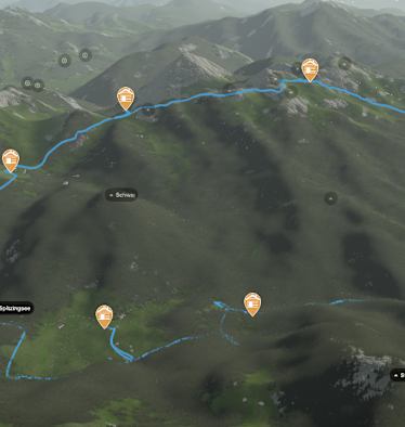 Rund um den Spitzingsee in den Bayerischen Voralpen: 3D-Kartenausschnitt der Gesamtstrecke