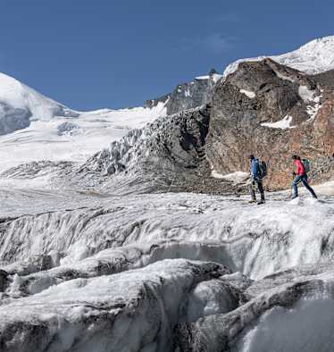 Vier Wanderer unterwegs auf einem Gletscher im Saastal.
