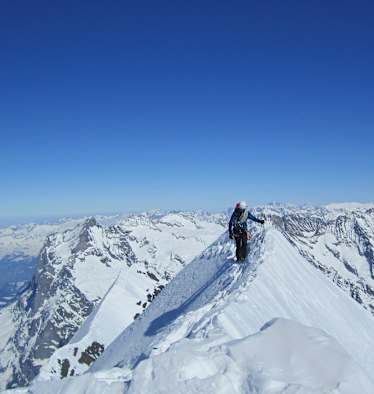 Simon Messner beim Bergsteigen am Gipfelgrat des Eiger
