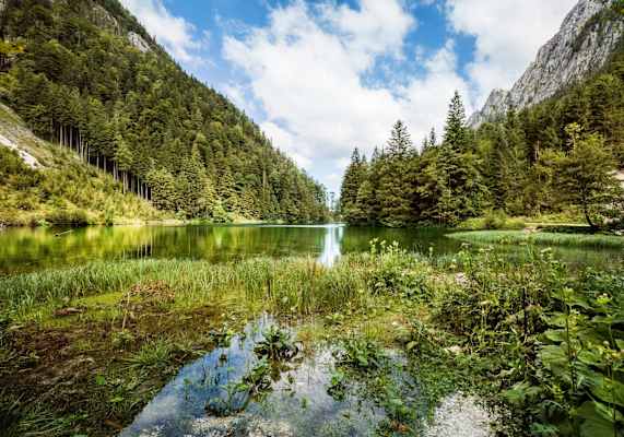 Blick auf den Mittersee und die Spiegelungen an der Wasseroberfläche