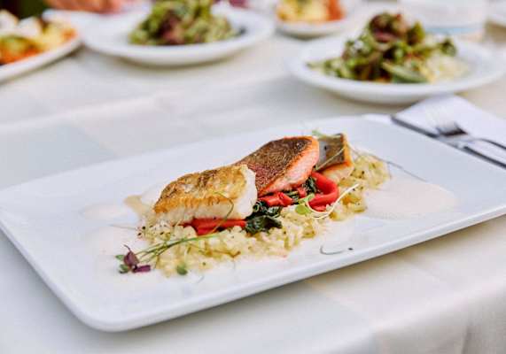 Köstlicher Fisch serviert auf Spargelrisotto