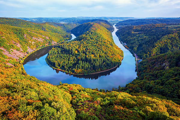 Der Fluss Saar wie er sich hufeisenförmig durch dicht bewaldetes Gebiet schlängelt