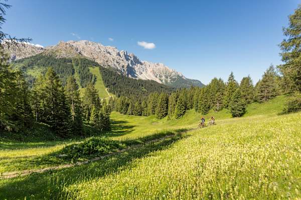 Zwei Mautainbiker auf einem schmalen Pfad durch die Wiesen vor dem Latemar Massiv - Latemar Ronda