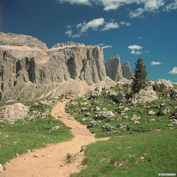 Unterwegs auf dem Langkofel-Rundweg. Blick in die Wandabbrüche des Sellamassivs und der vorgelagerten Sellatürme.