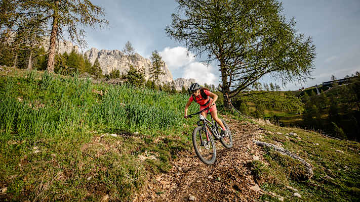 Eine Mountainbikerin fährt eine Route im Eggental hinunter.