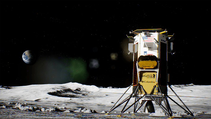 Eine Mondsonde der NASA auf der Mondoberfläche, im Hintergrund die Erde.