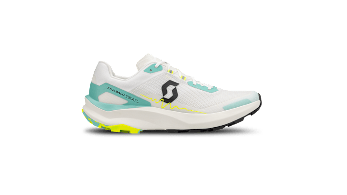 Zu sehen ist der Kinabalu Trail Schuh von Scott in den Farben weiss, türkis und neongelb.
