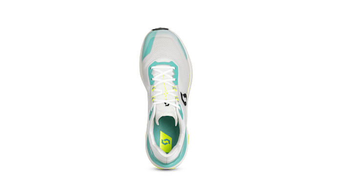 Zu sehen ist der Kinabalu Trail Schuh von Scott in den Farben weiss, türkis und neongelb.