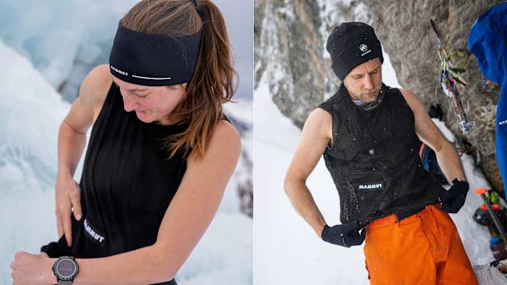 Eine Frau und ein Mann tragen die Die Eiger Nordwand FL Air Mesh Vest, der neuen Mammut-Kollektion.