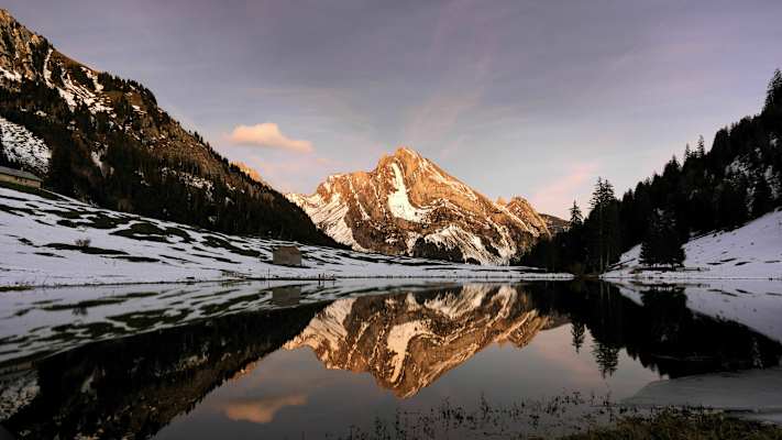 Spiegelung des Wildhauser Schofbergs im Gräppelensee im Toggenburg (Kanton St. Gallen)