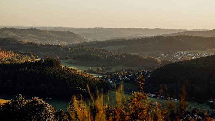 Ein Landschaft mit Dörfern, Wiesen und Wäldern im Licht der Abendsonne.