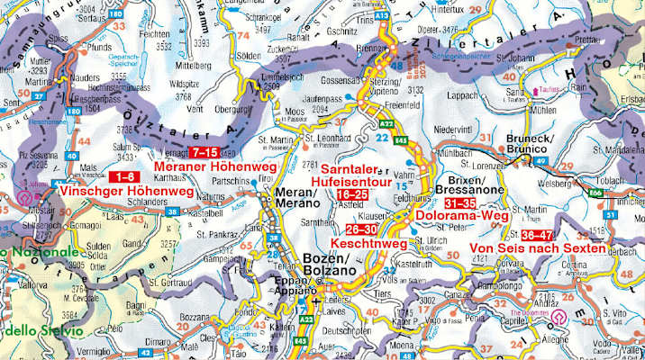 Übersichtskarte im Rother Wanderführer „Hüttentouren in Südtirol“.