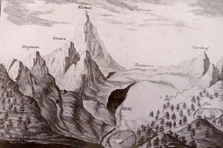 1782 - Die älteste Abbildung des Großglockners in der für damals typisch überzeichneten Form.