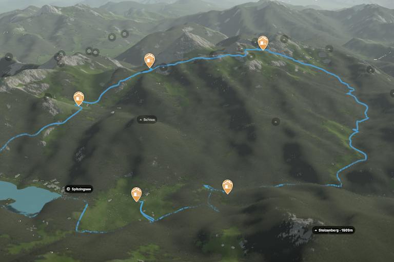 Rund um den Spitzingsee in den Bayerischen Voralpen: 3D-Kartenausschnitt der Gesamtstrecke