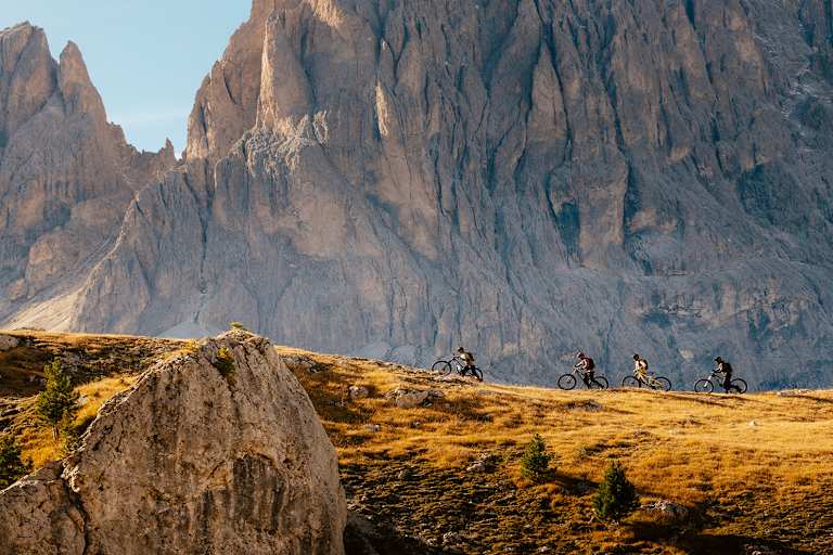 Vier Personen schieben ihr Mountainbike am Berg