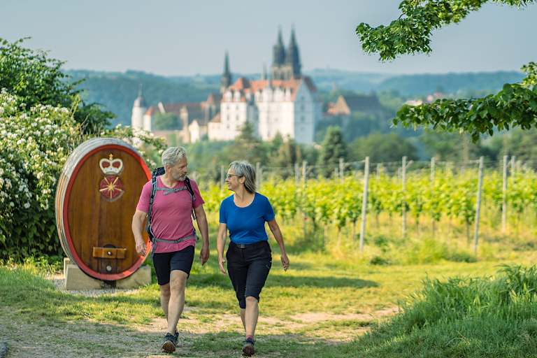 Auf geschichtsträchtigen Spuren wandern: Die Meißener Albrechtsburg (im Hintergrund) aus dem 10. Jahrhundert gilt als der erste Schlossbau Deutschlands.
