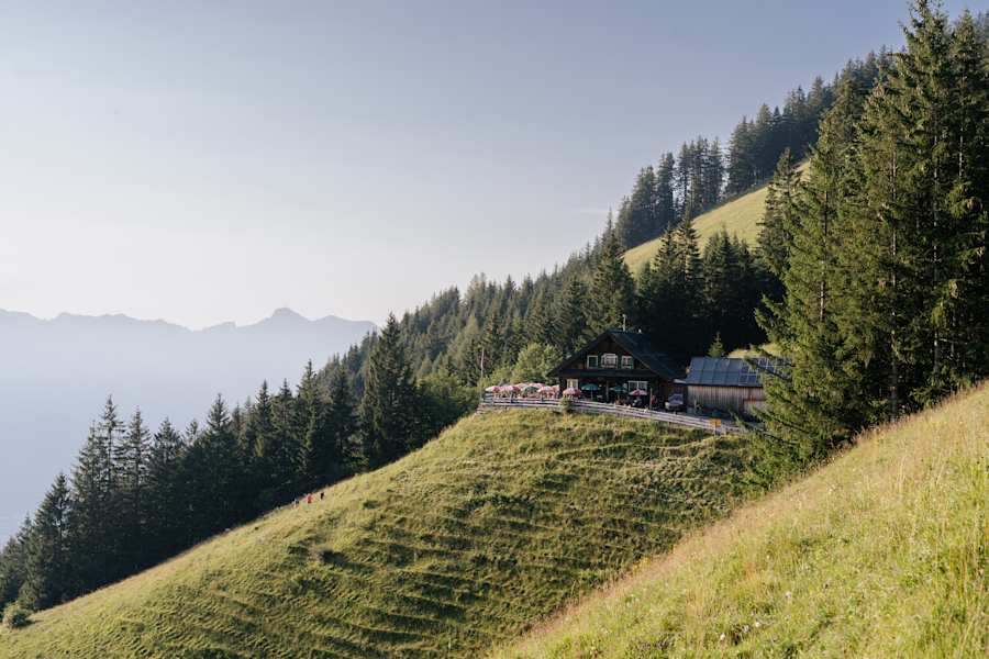 Berghütte inmitten grüner Wiesen, umringt von Nadelwäldern