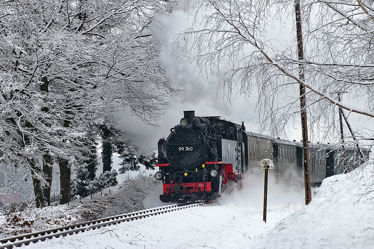 Eine Bahn auf Schienen durch einen verschneiten Wald in rot und schwarz.